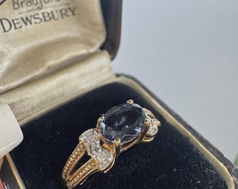 Anillo vintage de oro de 9 quilates con espinela azul y diamantes / Contrastado en Birmingham en 2006 Talla O