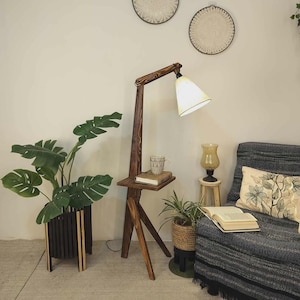 Handmade Wooden Shelf Floor Lamp: Jute Shade, Brown Base