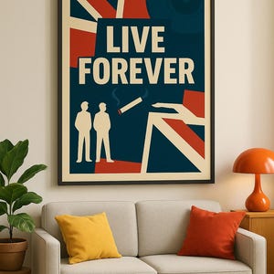 Oasis Live Forever Poster Print | Britpop Union Jack Wall Art | 90s Music Digital Download | Retro Lyric Poster for Home Decor