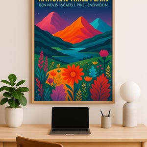 National Three Peaks Print | Ben Nevis Scafell Pike Snowdon Wall Art | UK Hiking Poster | Vibrant Travel Home Decor Landscape