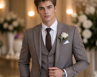 Herren Beige Braun 3-teiliger Anzug, Luxus Hochzeit Blazer Set.