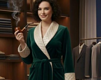 May include: A woman in a dark green velvet robe with a cream quilted collar and cuffs, holding a smoking pipe. The robe is tied at the waist with a matching belt. The background features fabric bolts and tailored suits.