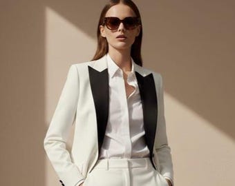 Custom Women's White Tuxedo Suit – Black Lapel, Tailored Fit