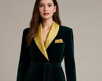 May include: A dark green velvet robe with gold trim on the lapels, cuffs, and pocket. The robe has a matching belt and a classic, elegant design. The robe is a luxurious garment.