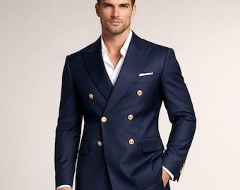 Men's Navy Double Breasted Suit, Slim Fit Wedding, Groom's Tailored Outfit