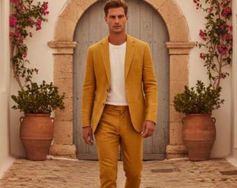 Mosterdlinnen herenpak: op maat gemaakte zomerblazer en -broek voor bruiloften