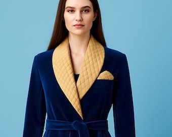 Women’s Velvet Long Coat Robe – Quilted Collar & Cuffs | Elegant Winter Wear.