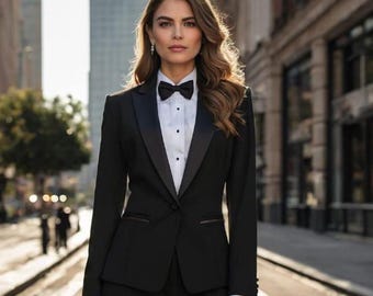 Elegante zwarte smoking voor dames formele blazer en broek | Op maat gemaakte feestoutfit.