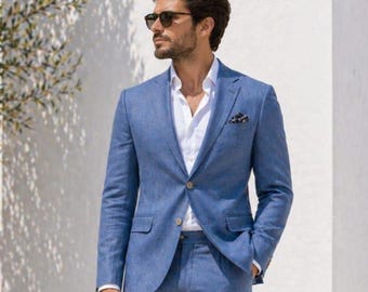 Men's Light Blue Linen Suit: Tailored Fit Two-Piece Summer Wedding Beach Formal Blazer Trouser
