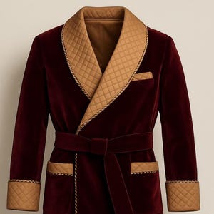May include: A burgundy velvet robe with a quilted tan collar, cuffs, and pocket trim. The robe features a matching belt and gold rope trim along the edges. This luxurious robe is a classic piece of loungewear.