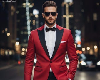Men's Custom Red Tuxedo Suit, Black Shawl Lapel, Wedding Groom