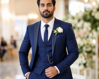 Men's Royal Blue Three Piece Suit, Slim Fit Wedding Tuxedo, Groom Prom Formal Blazer Vest Pants Set.