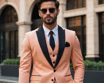 Men's Peach Tuxedo: Black Shawl Lapel 3-Piece Wedding Suit