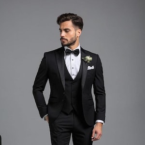 Jet Black Tuxedo: Satin Peak Lapel Slim Fit Three-Piece Suit