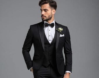 Jet Black Tuxedo: Satin Peak Lapel Slim Fit Three-Piece Suit