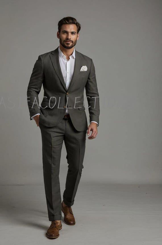 Men's Charcoal Linen Blend Suit: Slim Fit 2-Piece Luxury Wedding Suit Men's Charcoal Linen Blend Suit: Slim Fit 2-Piece Luxury Wedding Suit