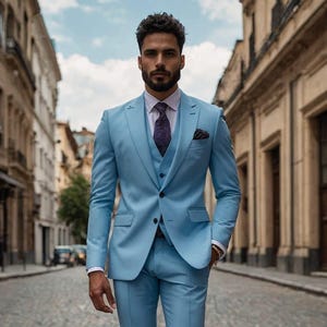 Men&#39;s &quot;Sky Blue 3-Piece Suit, Luxury Groom Wedding Outfit, Modern Formal Wear&quot; Elegant Slim Fit Blazer with Matching Trousers for Groomsmen.