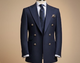 Terno masculino de luxo azul marinho - Abotoamento duplo, ideal para casamentos e ocasiões formais.