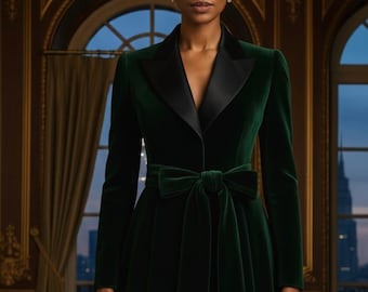 Emerald Green Velvet Coat Dress, Black Lapel Robe, Vintage Evening Wear