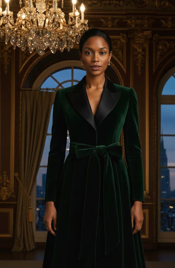 green emerald velvet dress High-End Bright Green Velvet Suit Waist Pleate Jacket Dress main image 0