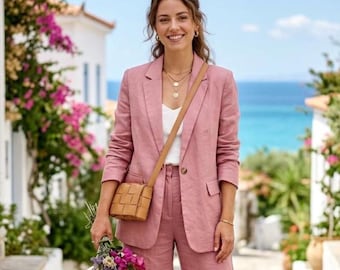 Women's Pink Linen Suit, Women's Summer Blazer and Trousers, Custom Tailored Wedding Guest Outfit