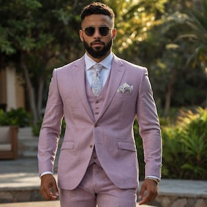 Men&#39;s Rose Linen 3-Piece Suit: Slim Fit Wedding Blazer