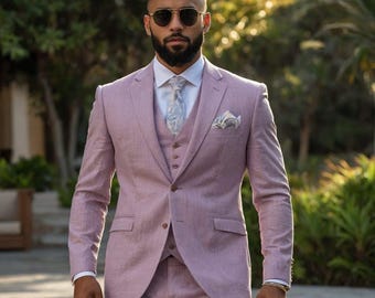 Men's Rose Linen 3-Piece Suit: Slim Fit Wedding Blazer