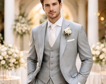 Men's Light Grey Slim Fit Three Piece Wedding Suit, Formal Blazer Vest Pants Set