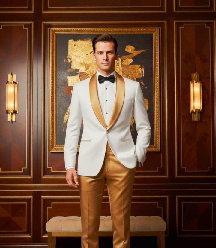 White and Gold Shawl Lapel Tuxedo: Luxury Groom Suit