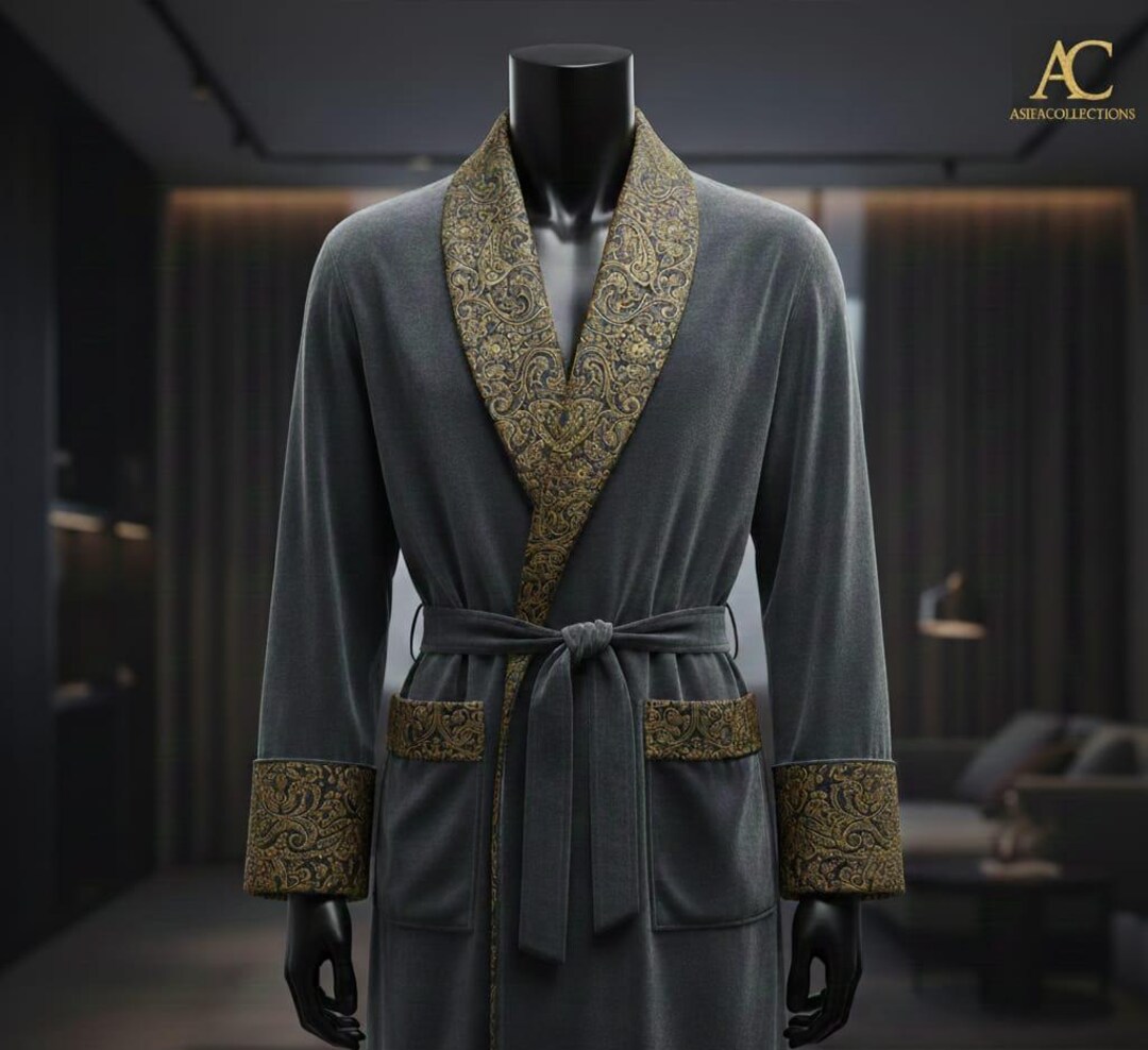 Men's Smoking Robe Luxury Charcoal Grey Velvet Smoking Robe for Men – Gold Paisley ...