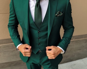 Men’s Emerald Green 3 Piece Suit Slim Fit Blazer Vest Pants Set | Formal Wedding.