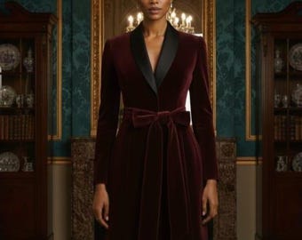 Bordeauxrode manteljurk voor dames – elegante lange blazerjurk met sjaalrevers en riem | Luxe avond-, feest- en formele kleding.