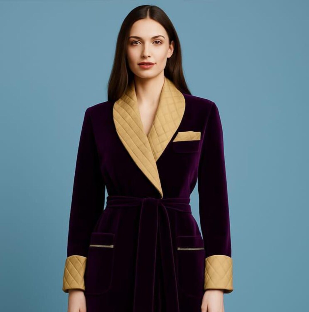 Luxury Velvet Robe Coat: Deep Purple Quilted Collar Elegant Loungewear ...