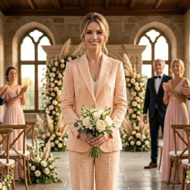 Women's Peach Linen Suit: Tailored 2-Piece Summer Wedding Guest Pantsuit Blazer Trousers