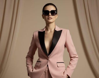 Luxe blushroze damespak met zwarte revers | Elegante kantoorkleding, feestoutfit en perfect cadeau voor haar.