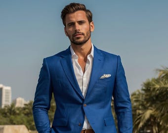 Zeeblauw linnen herenpak: luxe 2-delige trouwoutfit