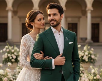 Groen linnen kostuum voor heren – elegante bruiloft, ademende stof