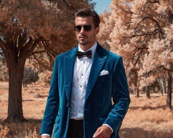 Blauwgroen fluwelen smokingjasje: op maat gemaakte elegante dinerjas