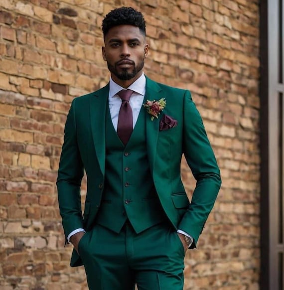 men's suit to match emerald green dress Dark Green Men's Suits for Prom 2 Piece Black Satin Lapel Wedding Tuxedo