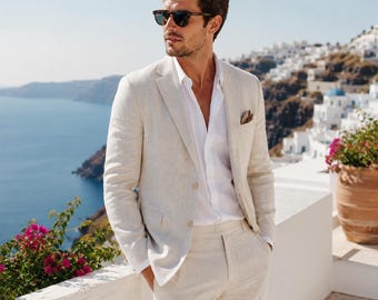 Ivoor linnen herenpak: lichtgewicht zomerstrand bruiloft bruidegom 2-delig resortkleding