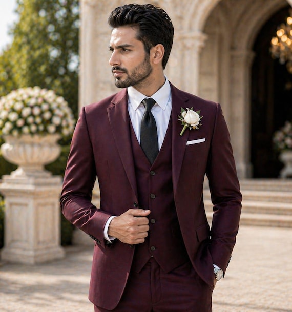 Men's Burgundy 3-piece Slim Fit Suit for Weddings and Formal Events