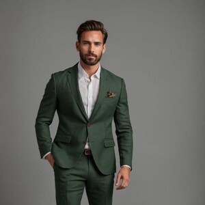 Men&#39;s Forest Green Linen Suit: Elegant Slim Fit Two-Piece
