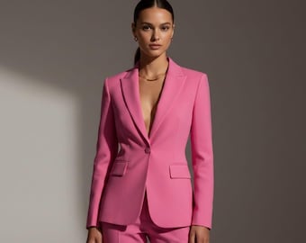 Custom roze damesbroekpak – getailleerde blazer, rechte pijpen