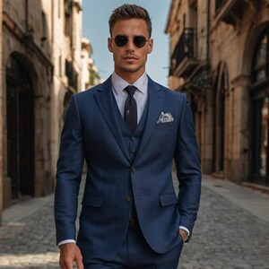 Traje de lino para hombre, azul zafiro, de tres piezas, pura elegancia, elegante blazer entallado, traje de lino de tres piezas, informal, traje de corte entallado.