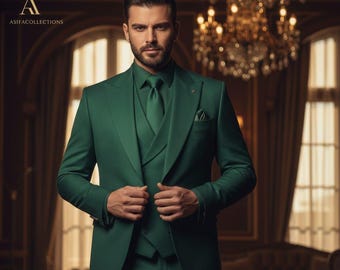 May include: A three-piece emerald green suit with a matching tie and pocket square. The suit features a tailored jacket, vest, and trousers. The image includes the text "ASIFACOLLECTIONS" in the upper left corner.