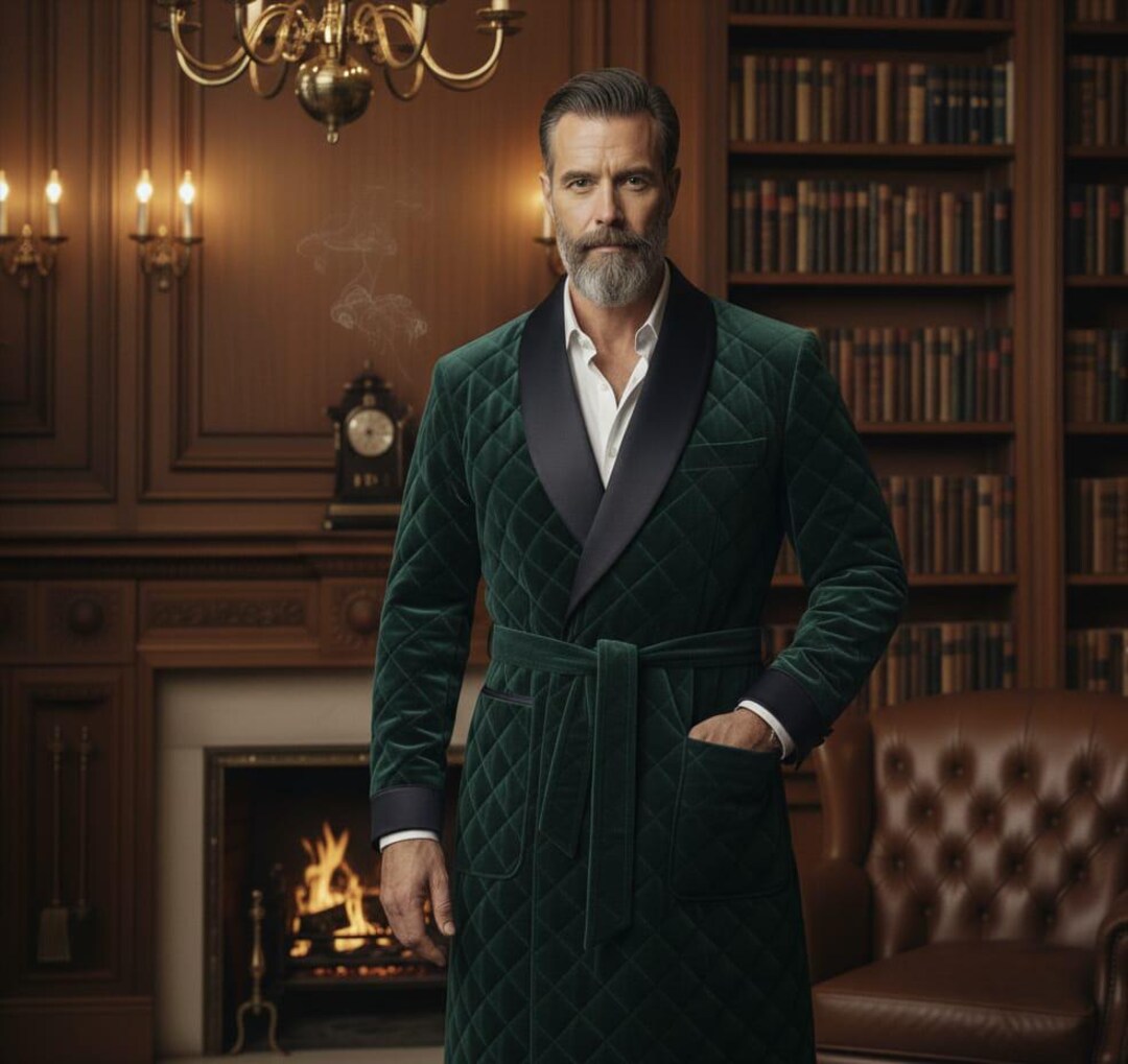 Men’s Luxury Emerald Green Velvet Smoking Jacket Robe • Quilted Shawl ...