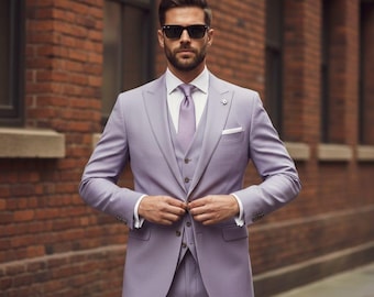 Lavendel driedelig herenpak – luxe slim-fit trouwoutfit