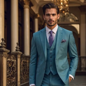 Traje de tres piezas de lino premium azul verdoso para hombre. Pura elegancia. Blazer elegante y entallado. Traje informal de tres piezas. Traje entallado.