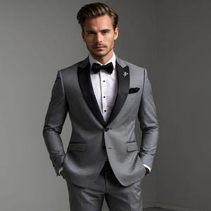 Men&#39;s Grey Slim Fit Suit: Black Tuxedo Wedding Suit