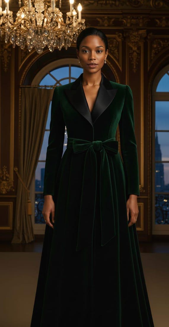 Emerald Green Velvet Coat Dress, Black Lapel Robe, Vintage Evening Wear -  Etsy Israel